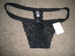 Love Libby black lace thong panty with black satin bow on front NWT L 7 - Picture 1 of 1