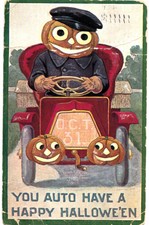 Original vintage Halloween postcard with car and pumpkin