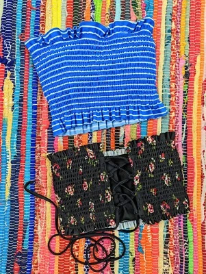 Xhilaration Lote De 2 Mujeres Jr M/L Tubo Corto Top Floral Rayas Calado Con Cordones  Foto 1 de 4