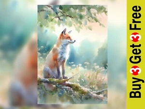 Fox on Tree Branch, 5" x 7" Watercolor Painting Matte Print - Woodland Serenity - Picture 1 of 6