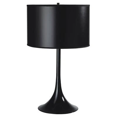 Lámpara de mesa moderna de metal negro tulipán de mediados de siglo con pantalla de lino Foto 1 de 2