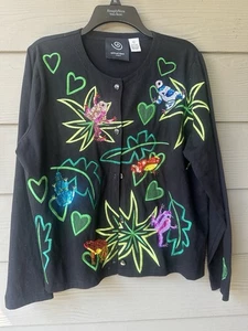 Michael Simon Event L Black Frog Heart Embroidered Sequin Button Cotton Cardigan - Picture 1 of 8