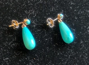 Vintage 14 K  Yellow gold  turquoise Tear Drop Earrings - Picture 1 of 3