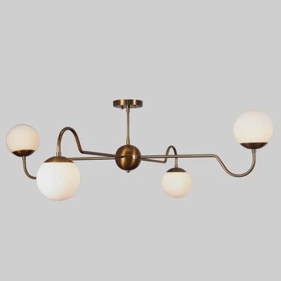 Lámpara de araña Sputnik moderna de latón de mediados de siglo con globos de vidrio lechoso accesorio de dormitorio Foto 1 de 4