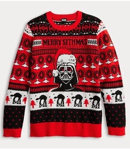 Kleiner Star Wars Merry Sithmas Grafik Intarsienpullover für Herren rot Darth Vader neu mit Etikett - Bild 1 von 3