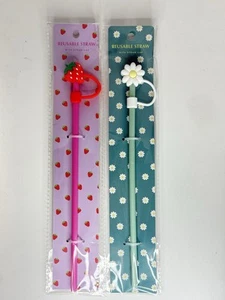 Reusable Straw and Topper Set Flower and Strawberry Set of 2 New - Picture 1 of 2