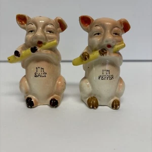 Vintage Salt And Pepper Japan Pig Playing Flutes Shakers I’m Pepper I’m Salt - Picture 1 of 6