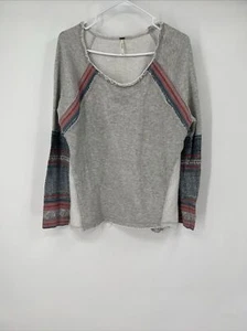 Free People $128 Sweatshirt Womens L Gray Aztec Embroidered Sleeve Boho Top - Picture 1 of 12