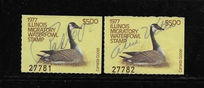 US Illinois used Duck Stamp #3 x2, $5.00 Canada Goose 1977 consecutive numbers - Image 1 of 2