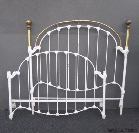 Vintage French Shabby Chic Cast Iron White Full Headboard & Footboard, no rails Cover