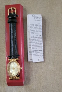 Vintage Genuine Diamond Accent Strap Watch goldtone Black band Avon 2005 - Picture 1 of 5