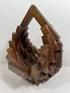 Vintage MCM Brutalist Wood Basket Geometric Planter Art Architecture Rustic  - Picture 1 of 15