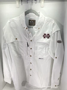 Mississippi State Drake Fishing Shirt Men Medium White Long Sleeve Button Vented - Picture 1 of 15