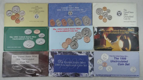1990-1998 Lot of 9 US Mint Sets 90 Coins OGP Original Envelope COA Uncirculated Cover