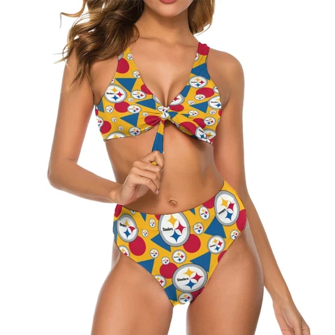 2pcs Pittsburgh Steelers Womens Bow Tie Bikini Printed Swimsuit, with Chest Pad Cover