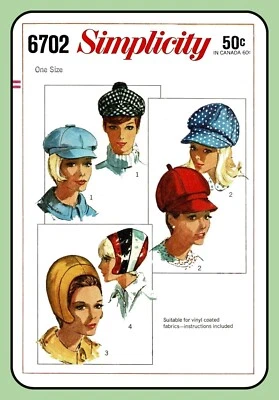 Misses HAT Pattern 6702 Helmet NEWSBOY CAP 4 Styles Ladies Vtg 1966 One size - Image 1 of 4