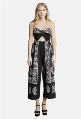 Free People Feel The Sun Linen Jumpsuit Cut-Out Festival Boho Tie Up Size 4 - Изображение 1 из 4