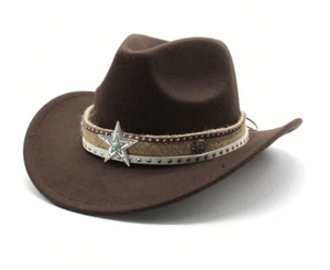 Brown Western Cowboy, Cowgirl Hat, Lone Star Strap, Men Women Retro Wide Brim - Picture 1 of 3