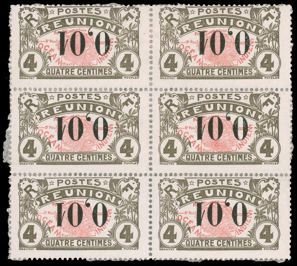 Reunion #107a Mint Block 1917 INVERTED SURCHARGE with interleaf paper - Image 1 of 1