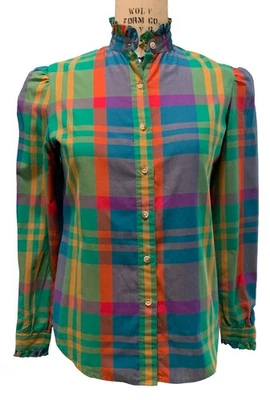 Blusa Camisa THE VILLAGER Vintage Años 70 Para Mujer Cuello Volantes Cuadros LS - Talla S/M Foto 1 de 4