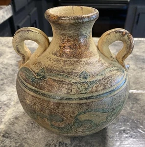 Jarrón jarra terracota de colección pintado envejecido rústico asas dobles artístico griego - Imagen 1 de 9