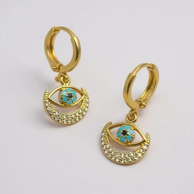 Baublebar Evil Eye Turquoise Earrings Gold Hoop Huggie Crescent Moon Boho CZ VTG - Image 1 of 4