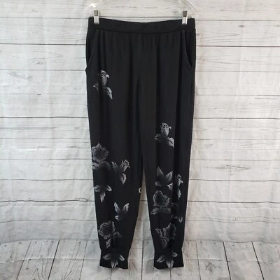 T-Party Womens Pull On Pants Sz Large Black Gray Floral Rose Print  - Image 1 of 4