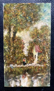 Oil Painting Wayside Cross Impressionist, Miniature° Girl Antique Unsigned Wald - Picture 1 of 4