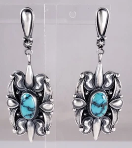 Pendientes colgantes Derrick Gordon hechos a mano navajo de plata de ley turquesa Hubei  - Imagen 1 de 6