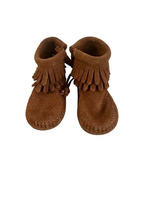 Minnetonka Brown Fringe Suede Baby Booties Size 3 Moccasins Western Style EUC - Image 1 of 4