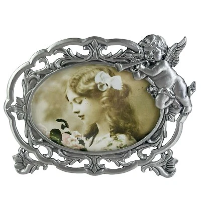 Vintage Pewter Cherub Photo Picture Frame Ornate Art Nouveau Angel Oval 3.5"x5" - Image 1 of 4