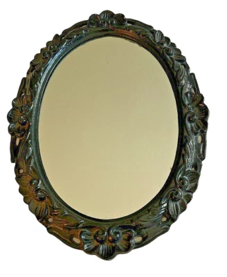 Gothic Antique Cast Iron Black Baroque Hanging Oval Wall Mirror 17" x 13" - Image 1 of 4