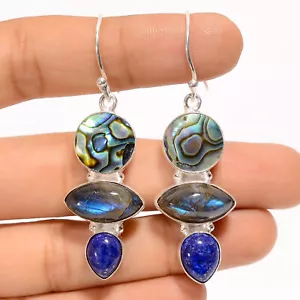 Orecchini fatti a mano Abalone Shell Labradorite Gemma Argento 925 2,1" ARE-3885 - Foto 1 di 3