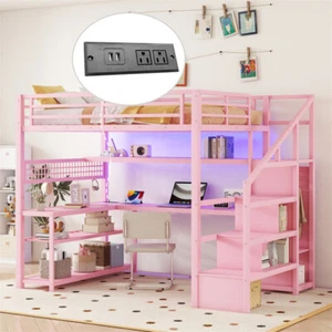 Full Size Metal Loft Bed with Built-in Desk,LED Light,Storage Shelves & Wardrobe - Picture 1 of 17