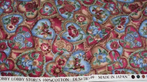 HEART & FLORAL PRINT WITH GOLD METALLIC 100% COTTON FABRIC 48X44 INCHES - Picture 1 of 2