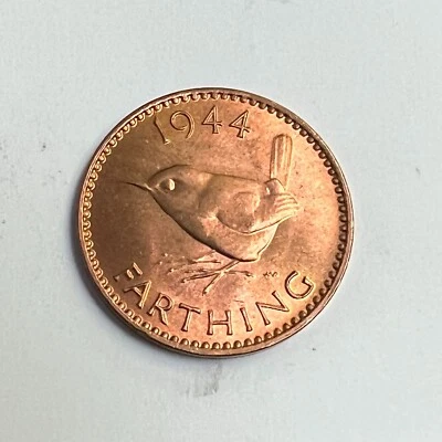 1944 Great Britain Farthing, Wren Bird & George VI, KM#843, UNC - Image 1 of 2