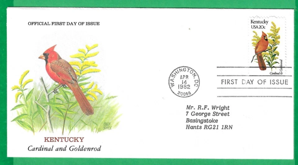 USA ~ STATE BIRDS & FLOWERS ~ KENTUCKY CARDINAL & GOLDENROD ~ 14th APR 1982 - Image 1 of 1