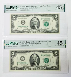 1976 $2 New York Federal Reserve Notes Sequential Pair PMG 45EPQ - Picture 1 of 2