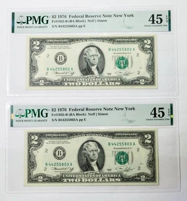 1976 $2 New York Federal Reserve Notes Sequential Pair PMG 45EPQ - Image 1 of 2