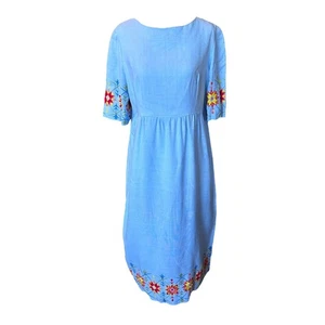 Vintage '70s Handmade Blue Western Embroidered Prairie Midi Dress Boho M/L - Picture 1 of 5