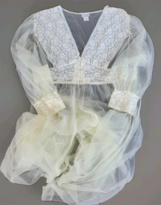VTG Amoureuse Pale Yellow 4X Maxi Sheer Lingerie Lace Chiffon Nightgown Robe - Picture 1 of 17
