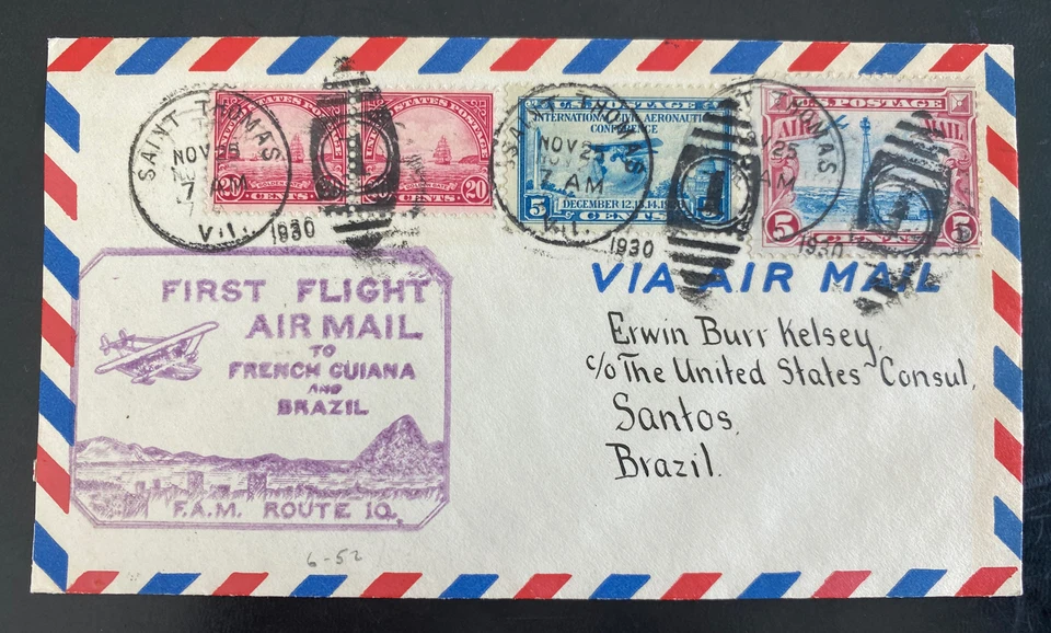 1930 St Thomas Virgin Island First Flight Airmail Cover To Santons Brazil 143 Fl - Image 1 of 2