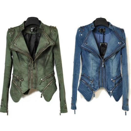 Elegante Abrigo Chaqueta Denim Para Mujer Punk Spike Tachonado Hombro Vintage Talla S-XXL  Foto 1 de 4