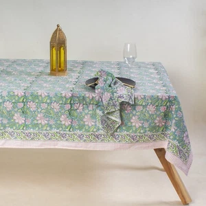 Floral Block Print Cotton Tablecloth Rectangle 60x90 Green Pink With 6 Napkins - Picture 1 of 4