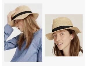 J CREW Women’s Beige Raffia PACKABLE STRAW HAT Black Hatband Size L/XL Fedora