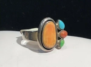 AMAZING SPINEY OYSTER CORAL TURQUOISE OVAL GEMSTONE RING SOUTHWESTERN SILVER - Picture 1 of 7