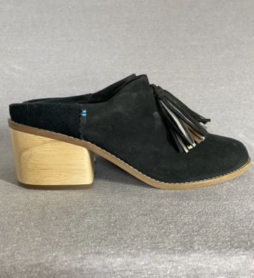 Toms Shoes Leila Mule Women Sz 9 Black Suede Leather Fringe Clog Wood Block Heel - Image 1 of 4
