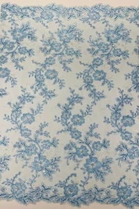 Floral Two Tone Lace Fabric - Baby Blue Sequins Embroidery Floral Lace By Yard - Picture 1 of 4