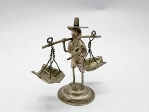 ANTIQUE CHINESE ASIAN WATER CARRIER STATUE - MINIATURE SILVER BALANCED FIGURINE - Picture 1 of 9