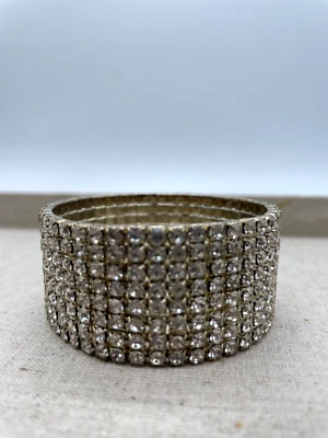 Vintage Rhinestone Bracelet Pave Crystal Gold Stretch Tennis Wedding Prom Formal - Image 1 of 4